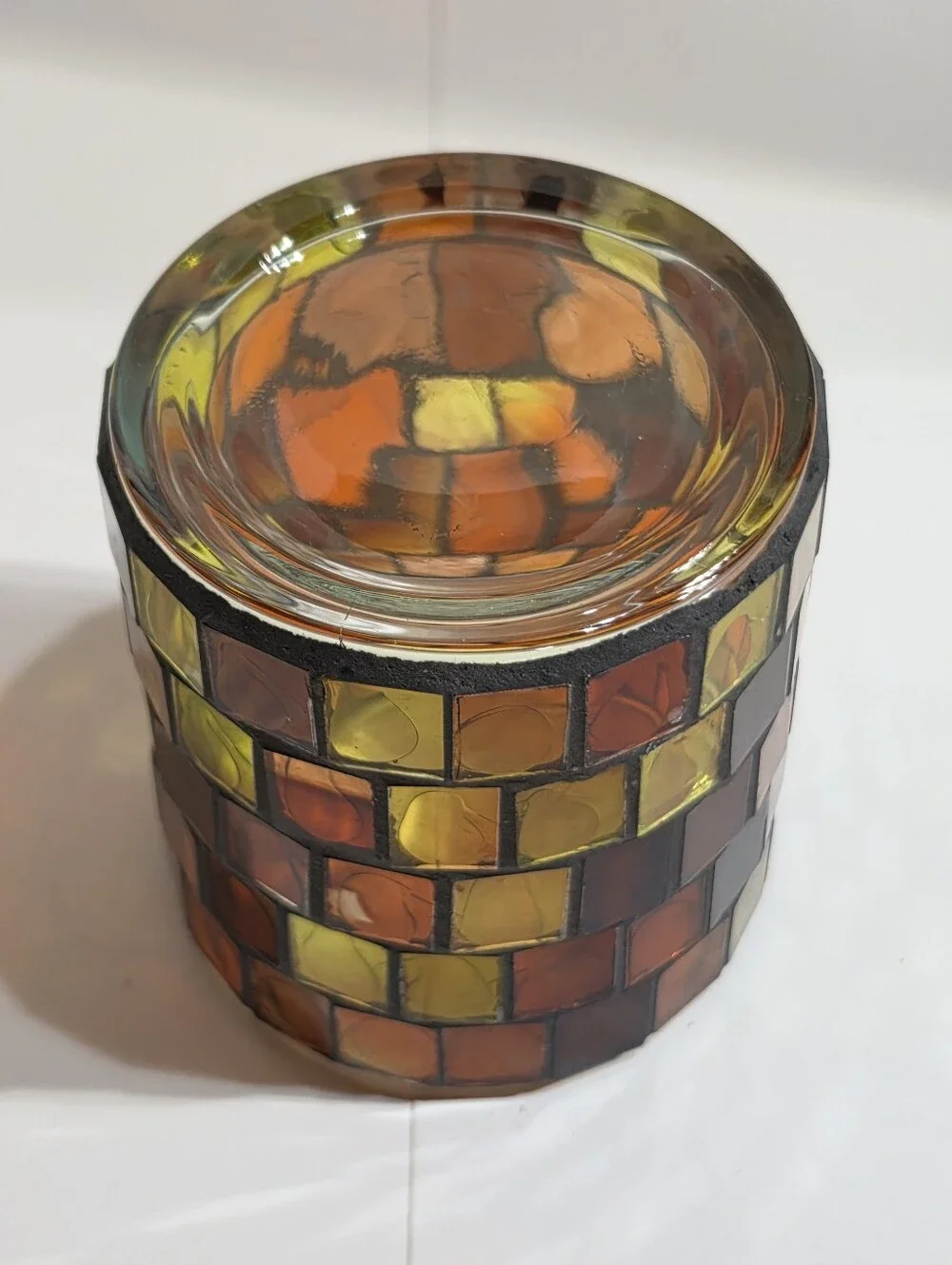 Handmade Mosaic Glass Candle Holder Votive Lantern Autumn Amber Orange Red Boho